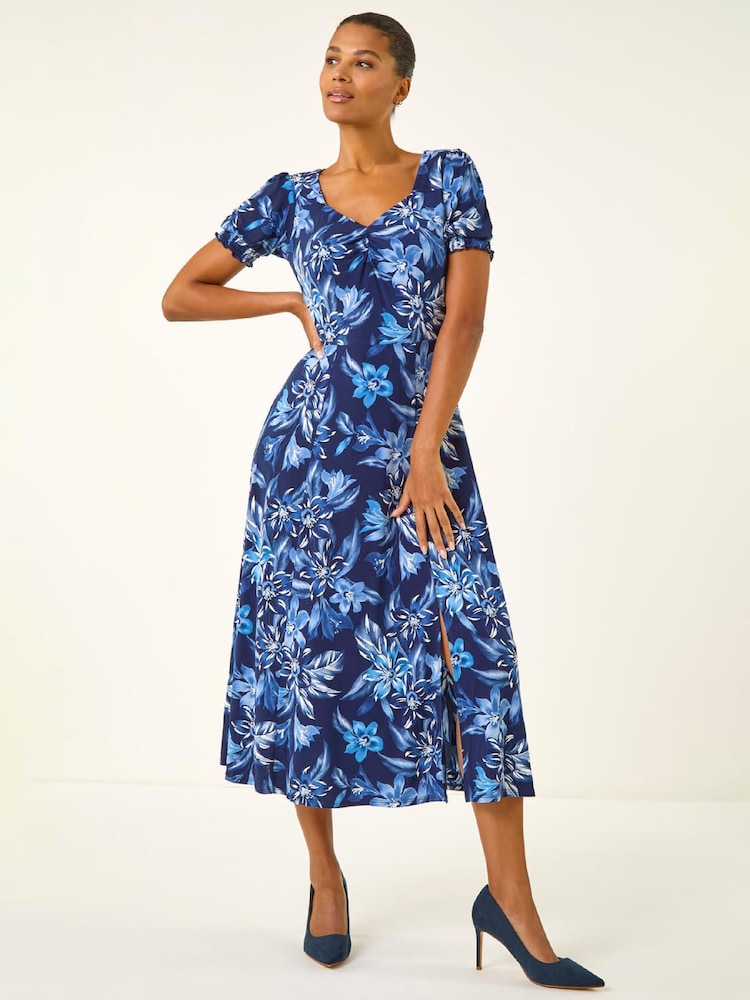 Roman Blue Floral Print Ruched Stretch Midi Dress - Image 2 of 5 Roman Blue Floral Print Ruched Stretch Midi Dress - Image 2 of 5