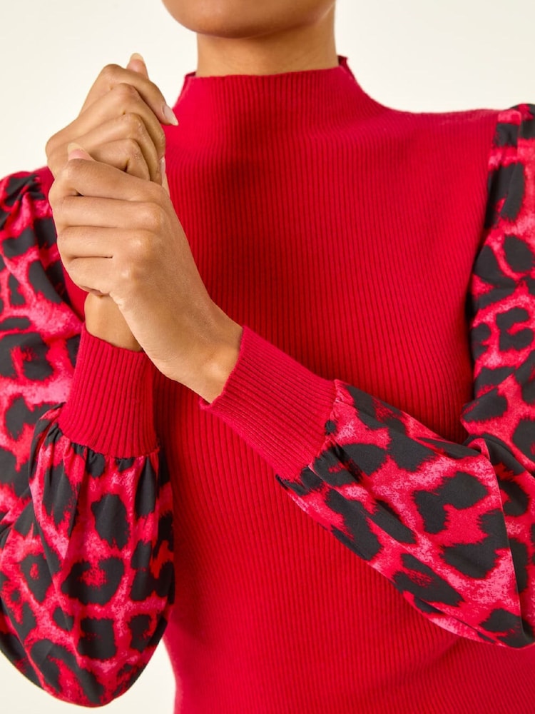 Roman Red Animal Print Mesh Sleeve Knit Jumper - Image 5 of 5 Roman Red Animal Print Mesh Sleeve Knit Jumper - Image 5 of 5