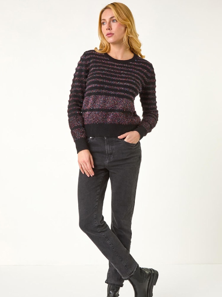 Roman Black Fluffy Stripe Knit Jumper - Image 2 of 5 Roman Black Fluffy Stripe Knit Jumper - Image 2 of 5