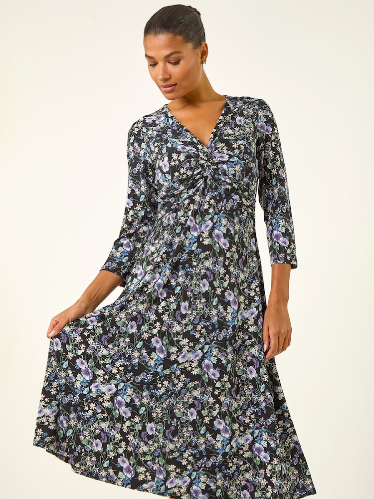 Roman Purple Floral Twisted Front Stretch Midi Dress - Image 1 of 5 Roman Purple Floral Twisted Front Stretch Midi Dress - Image 1 of 5