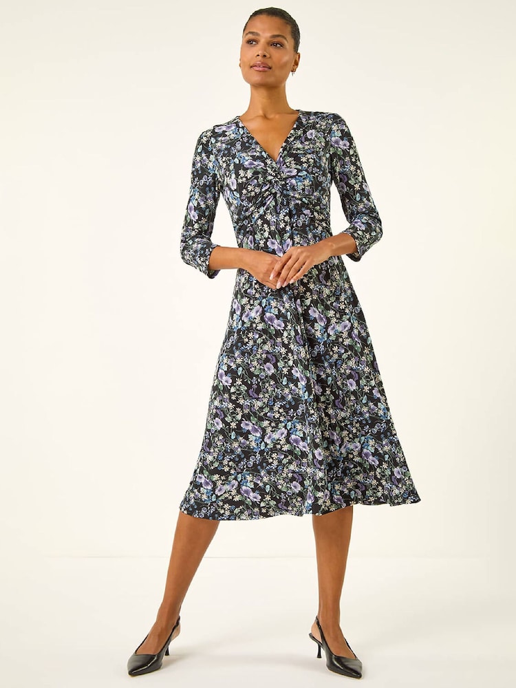 Roman Purple Floral Twisted Front Stretch Midi Dress - Image 2 of 5 Roman Purple Floral Twisted Front Stretch Midi Dress - Image 2 of 5