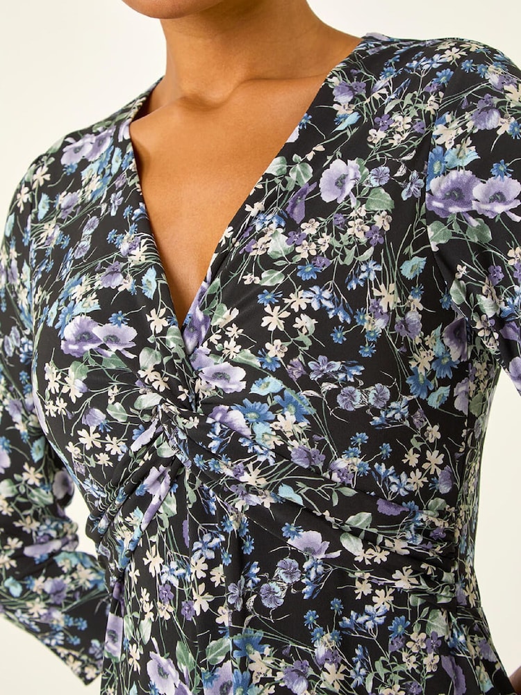 Roman Purple Floral Twisted Front Stretch Midi Dress - Image 5 of 5 Roman Purple Floral Twisted Front Stretch Midi Dress - Image 5 of 5