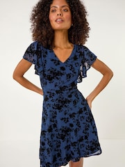 Roman Blue Floral Print Angel Sleeve Mini Dress - Image 1 of 5