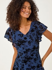 Roman Blue Floral Print Angel Sleeve Mini Dress - Image 4 of 5