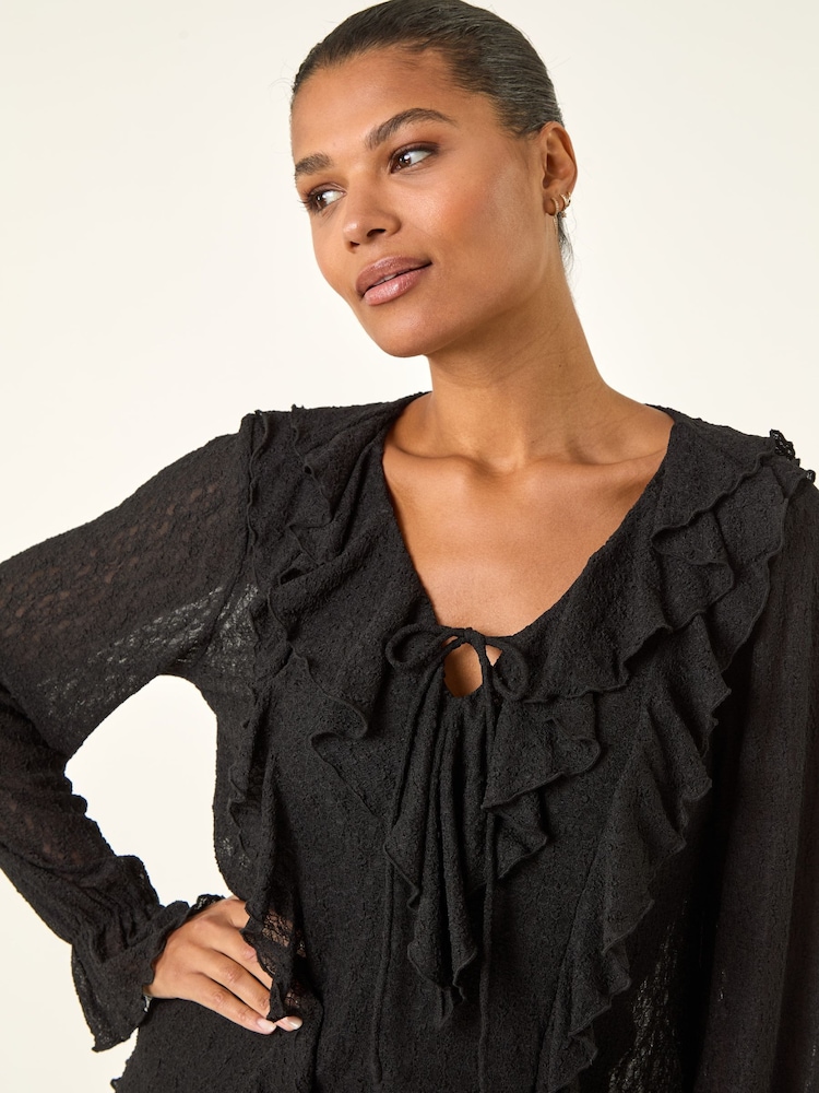 Roman Black Lace Ruffle Front Blouse - Image 1 of 5 Roman Black Lace Ruffle Front Blouse - Image 1 of 5