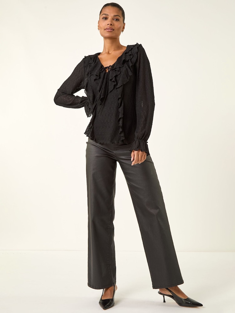 Roman Black Lace Ruffle Front Blouse - Image 2 of 5 Roman Black Lace Ruffle Front Blouse - Image 2 of 5