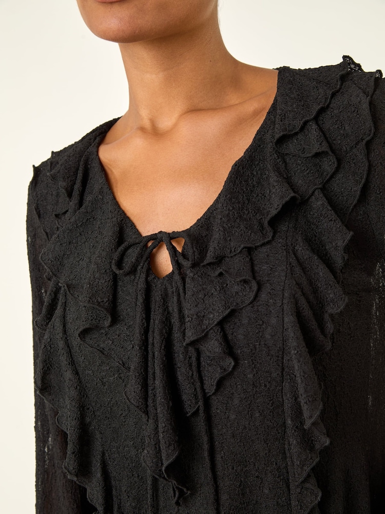 Roman Black Lace Ruffle Front Blouse - Image 5 of 5 Roman Black Lace Ruffle Front Blouse - Image 5 of 5
