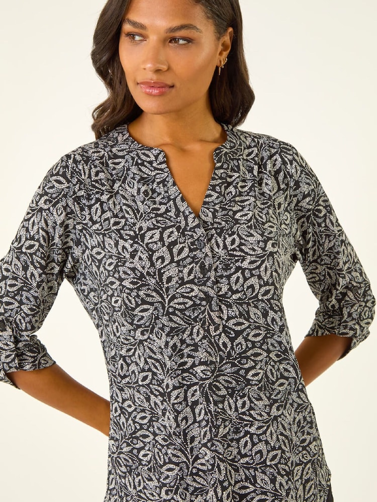 Roman Black Leaf Print V-Neck Stretch Blouse - Image 1 of 5 Roman Black Leaf Print V-Neck Stretch Blouse - Image 1 of 5