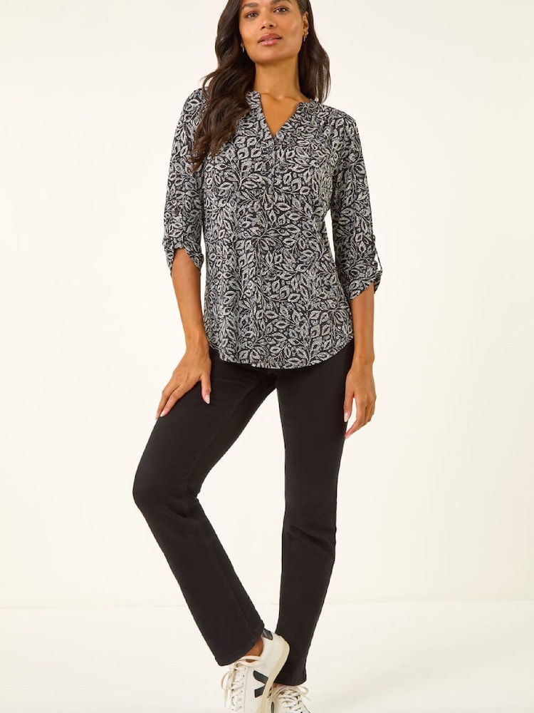 Roman Black Leaf Print V-Neck Stretch Blouse - Image 2 of 5 Roman Black Leaf Print V-Neck Stretch Blouse - Image 2 of 5