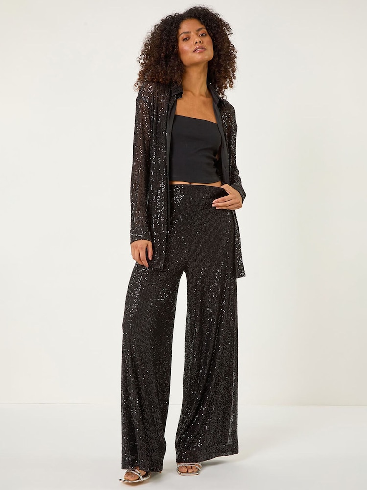 Roman Black Sequin Button Through Stretch Blouse - Image 2 of 5 Roman Black Sequin Button Through Stretch Blouse - Image 2 of 5