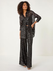 Roman Black Sequin Button Through Stretch Blouse - Image 4 of 5