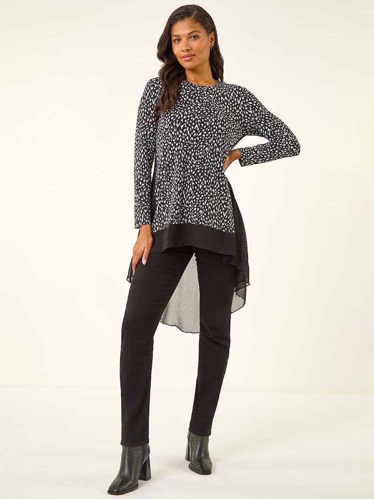 Roman Black Spot Print Chiffon Hem Stretch Tunic Top - Image 2 of 4 Roman Black Spot Print Chiffon Hem Stretch Tunic Top - Image 2 of 4
