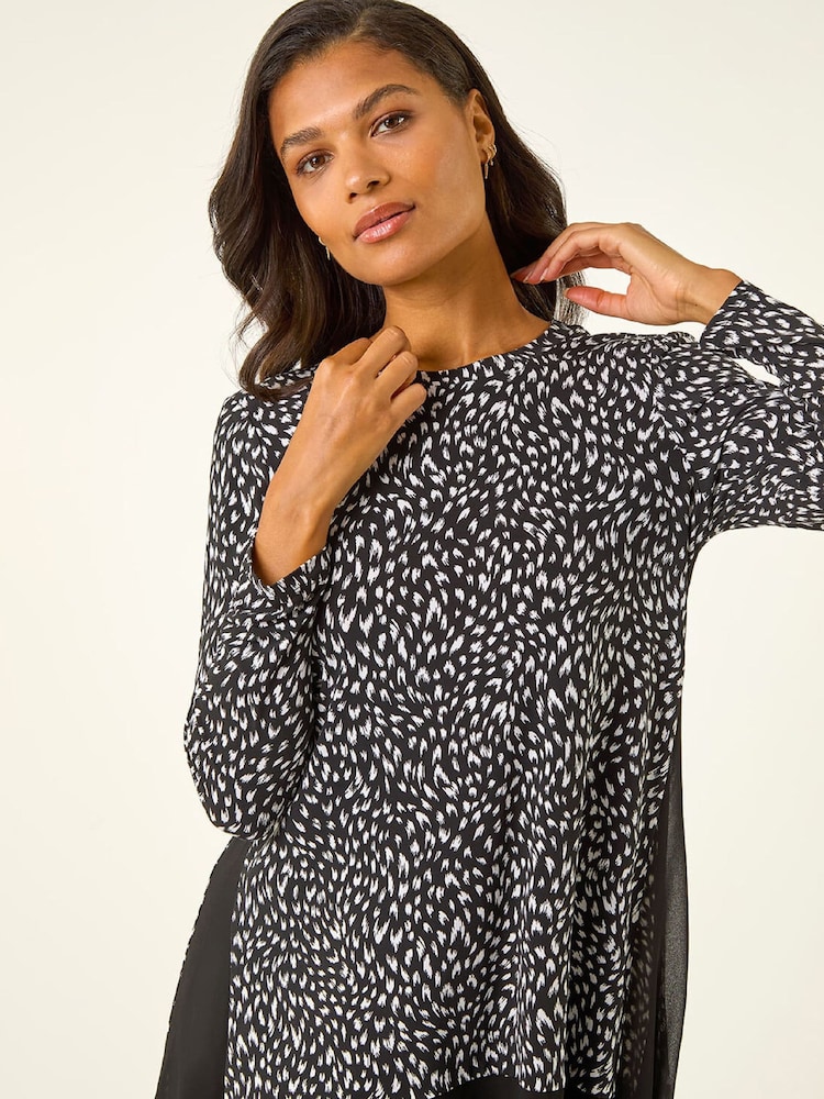 Roman Black Spot Print Chiffon Hem Stretch Tunic Top - Image 4 of 4 Roman Black Spot Print Chiffon Hem Stretch Tunic Top - Image 4 of 4