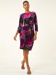 Roman Pink Rose Print Velvet Twist Stretch Midi Dress - Image 1 of 5