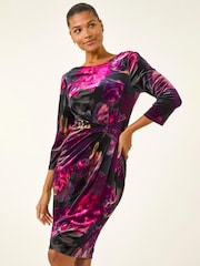 Roman Pink Rose Print Velvet Twist Stretch Midi Dress - Image 2 of 5