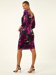 Roman Pink Rose Print Velvet Twist Stretch Midi Dress - Image 3 of 5