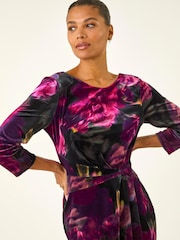 Roman Pink Rose Print Velvet Twist Stretch Midi Dress - Image 4 of 5