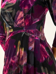 Roman Pink Rose Print Velvet Twist Stretch Midi Dress - Image 5 of 5