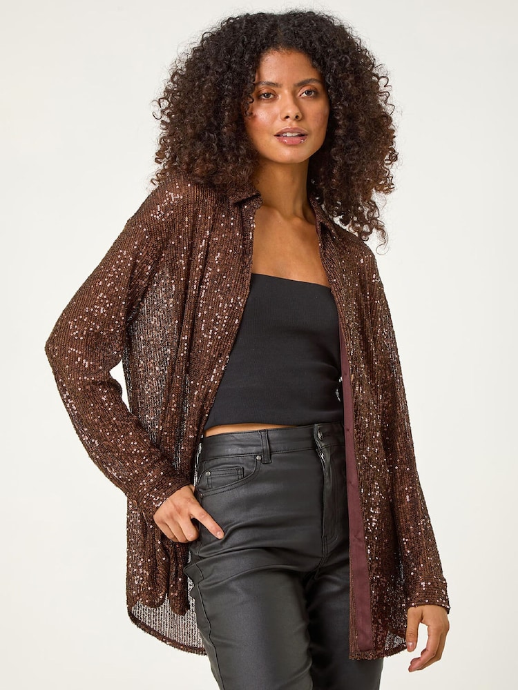 Roman Brown Sequin Button Through Stretch Blouse - Image 2 of 5 Roman Brown Sequin Button Through Stretch Blouse - Image 2 of 5