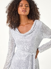 Roman Metallic Sequin Cowl Neck Stretch Dress - Image 4 of 5