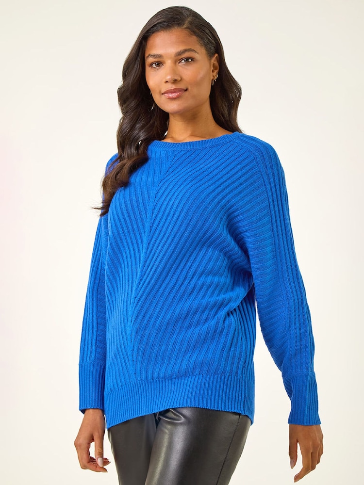 Roman Blue Ribbed Chevron Print Batwing Jumper - Image 1 of 5 Roman Blue Ribbed Chevron Print Batwing Jumper - Image 1 of 5