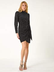 Roman Black Velvet High Neck Stud Bodycon Dress - Image 2 of 5