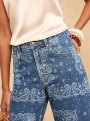 Love & Roses Mid Blue Barrel Shape Jean With Bandana Style Print - Image 2 of 4