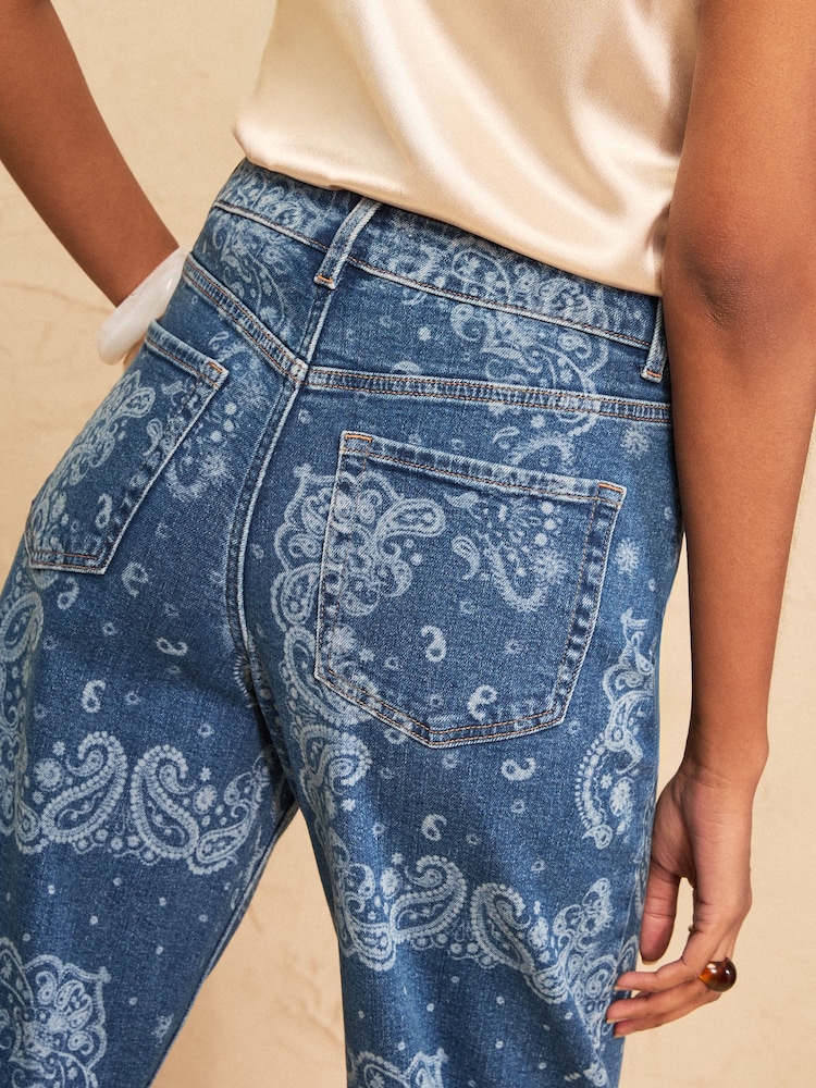 Love & Roses Mid Blue Barrel Shape Jean With Bandana Style Print - Image 4 of 4