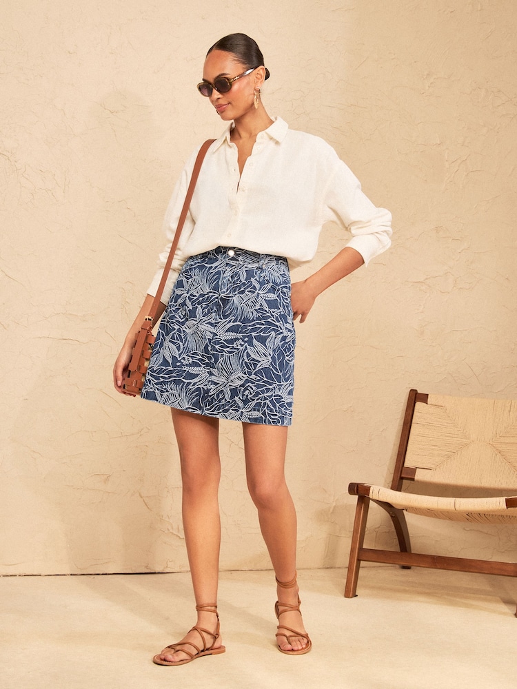 Love & Roses Mid Blue Denim Mini With Jaquard Floral Print Detail Skirt - Image 2 of 5
