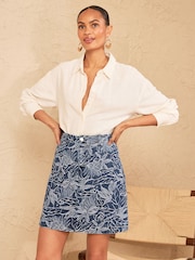 Love & Roses Mid Blue Denim Mini With Jaquard Floral Print Detail Skirt - Image 3 of 5