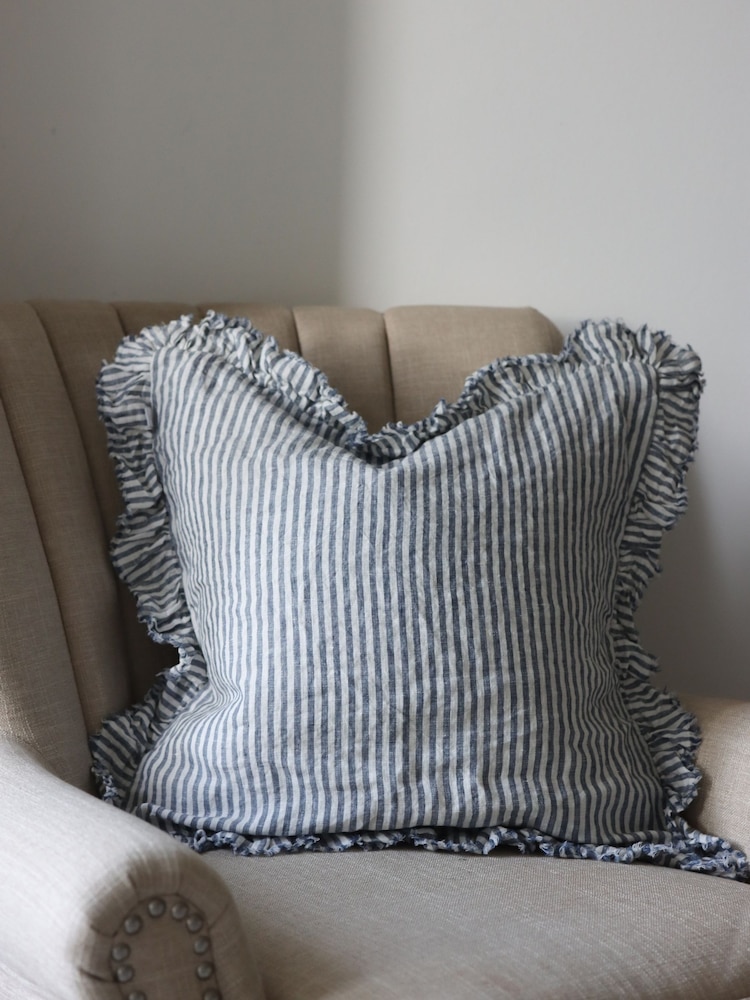 Ellenvale Interiors Navy Halliie Stripe Ruffle Cushion Cover - Image 1 of 3 Ellenvale Interiors Navy Halliie Stripe Ruffle Cushion Cover - Image 1 of 3