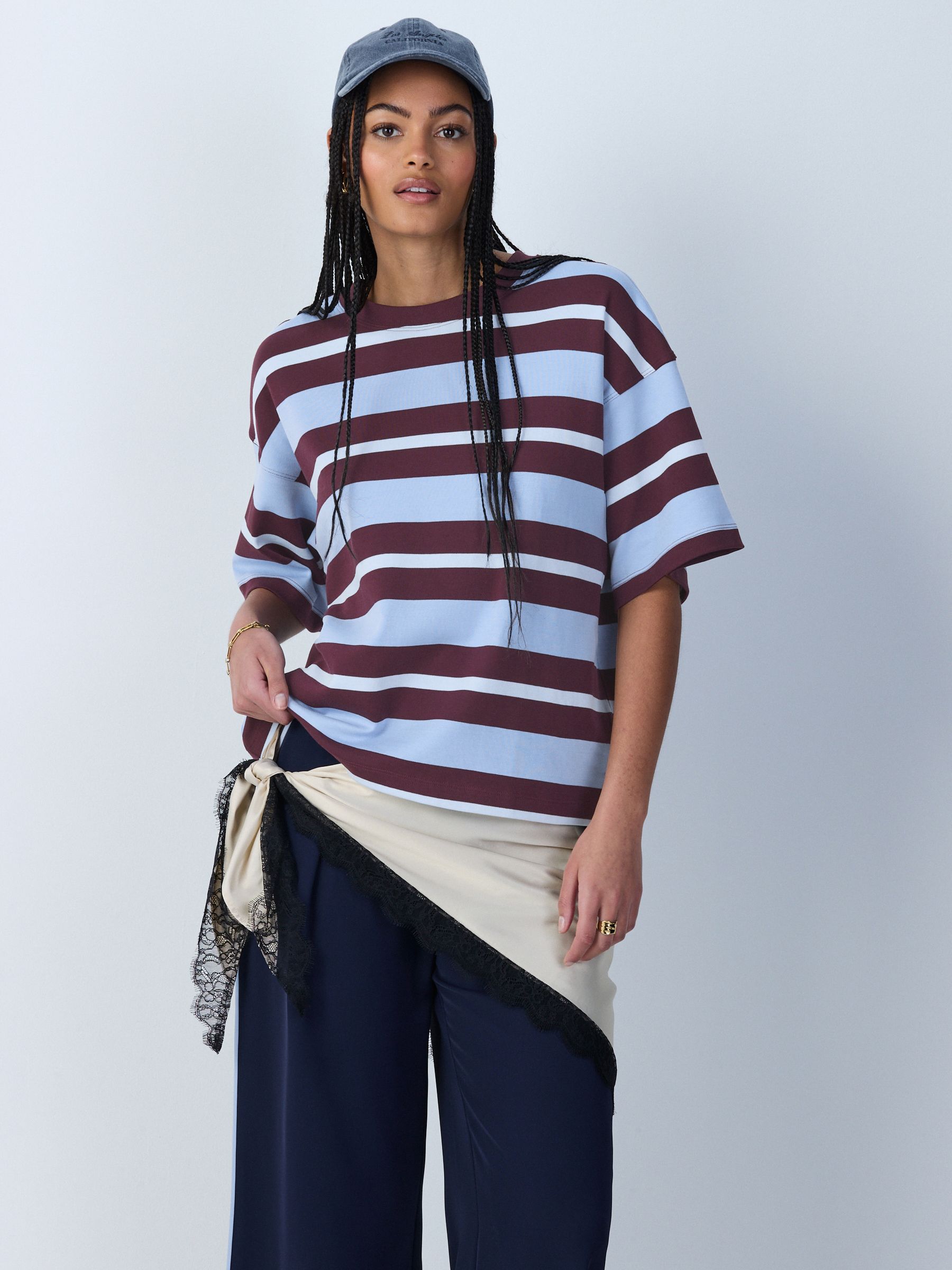 Buy Blue/Brown Stripe Oversized Boxy Fit Heavyweight Crew Neck T