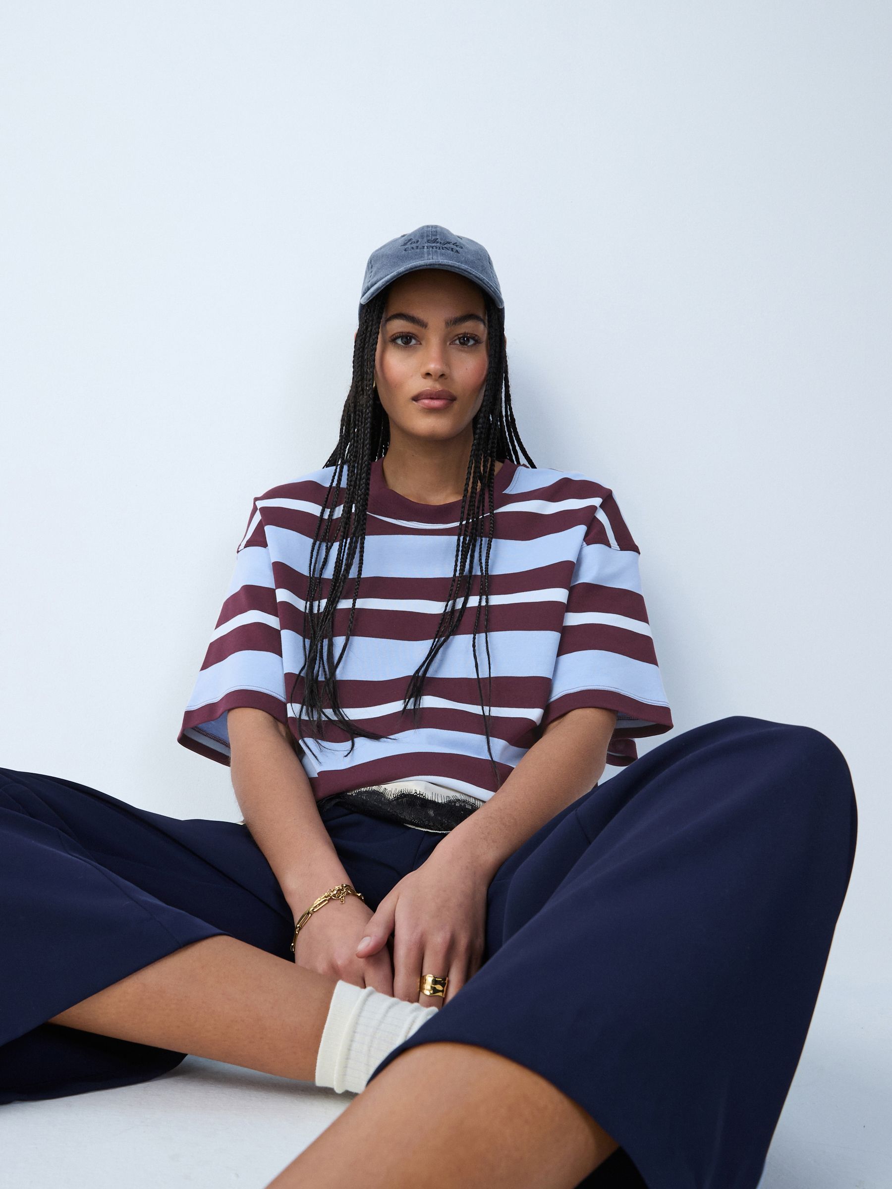 Buy Blue/Brown Stripe Oversized Boxy Fit Heavyweight Crew Neck T