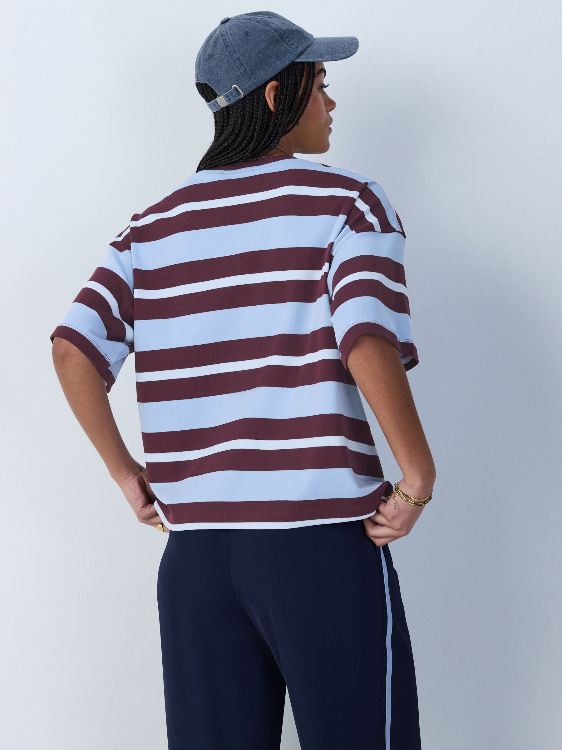 Buy Blue/Brown Stripe Oversized Boxy Fit Heavyweight Crew Neck T