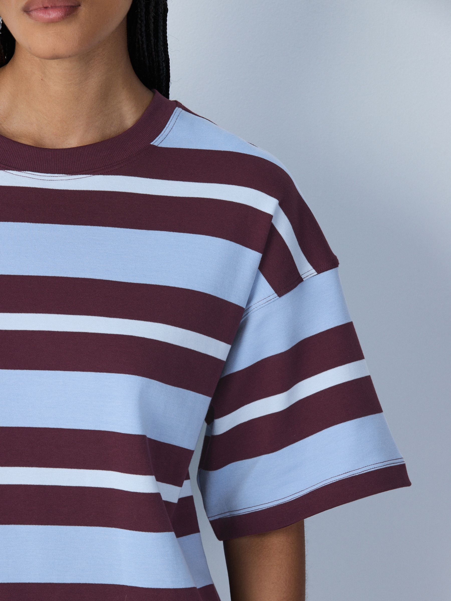 Buy Blue/Brown Stripe Oversized Boxy Fit Heavyweight Crew Neck T