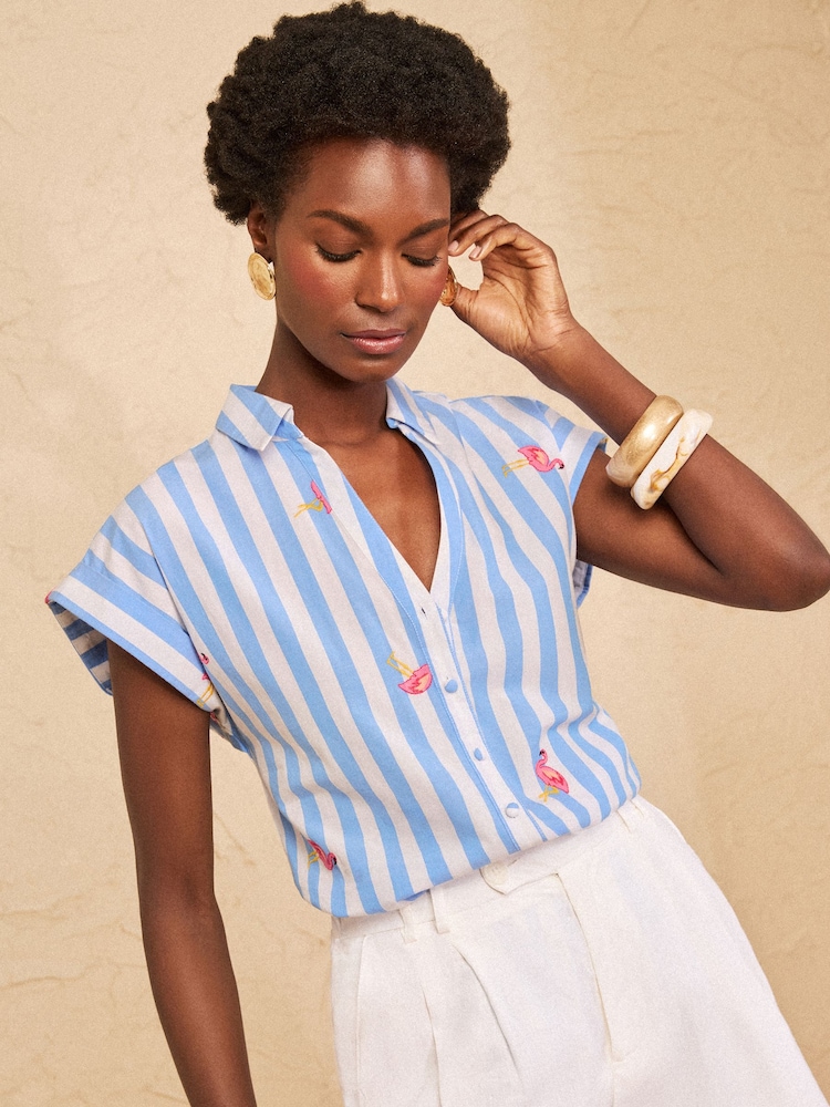 Love & Roses Blue Stripe Flamingo Embroidered Button Down Short Sleeve Shirt - Image 1 of 4