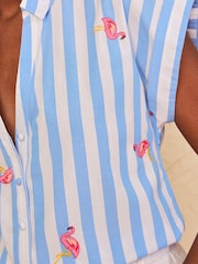 Love & Roses Blue Stripe Flamingo Embroidered Button Down Short Sleeve Shirt - Image 2 of 4