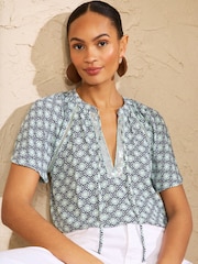 Love & Roses Mint Green Geo Print Sequin Trim V-Neck Short Sleeve Blouse - Image 4 of 4