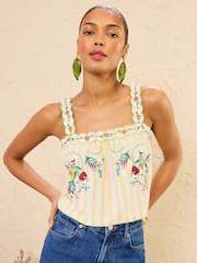 Love & Roses Yellow Stripe Floral Embroidered Cami - Image 1 of 5