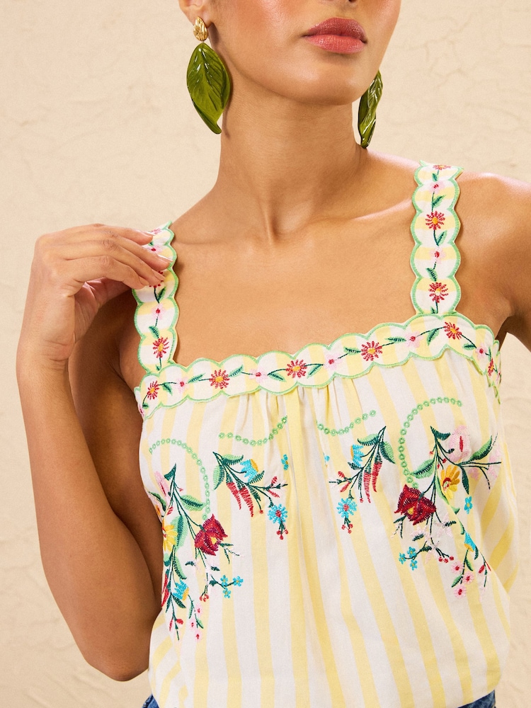 Love & Roses Yellow Stripe Floral Embroidered Cami - Image 2 of 5