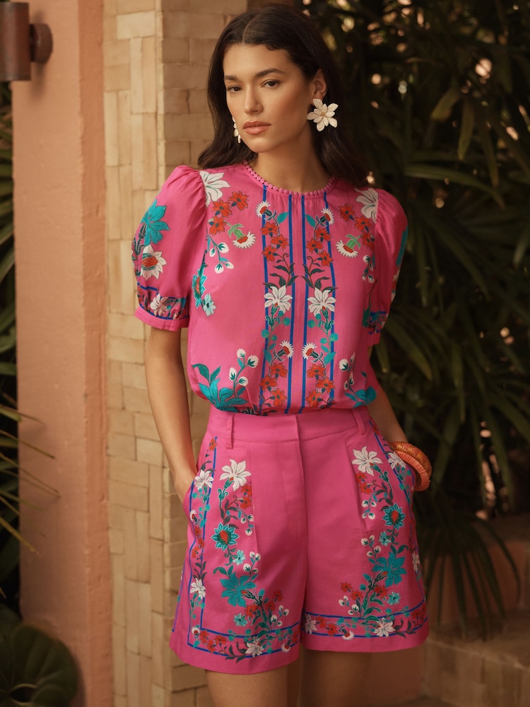 Love & Roses Pink Floral Print Cotton Puff Sleeve Blouse - Image 1 of 4