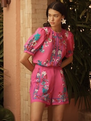 Love & Roses Pink Floral Print Cotton Puff Sleeve Blouse - Image 2 of 4