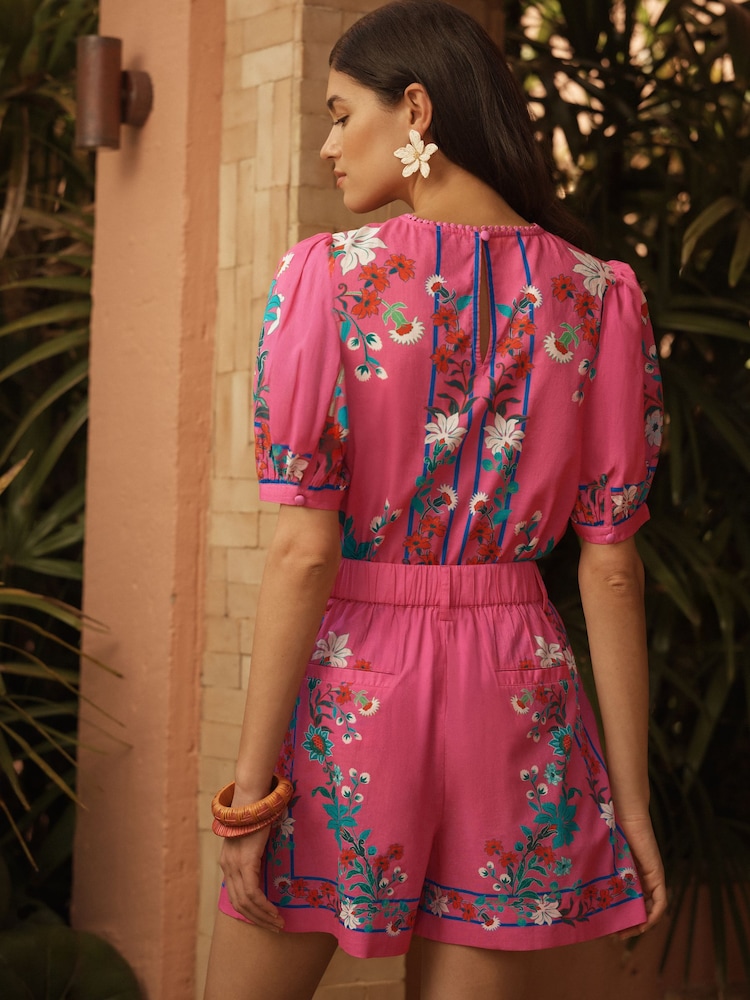 Love & Roses Pink Floral Print Cotton Puff Sleeve Blouse - Image 4 of 4