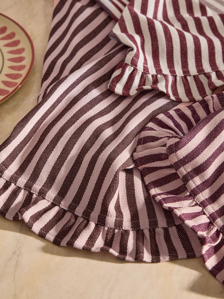 Set of 3 Burgundy Red Woven Stripe Ruffle Tea Towels - Image 1 of 4 Set of 3 Burgundy Red Woven Stripe Ruffle Tea Towels - Image 1 of 4