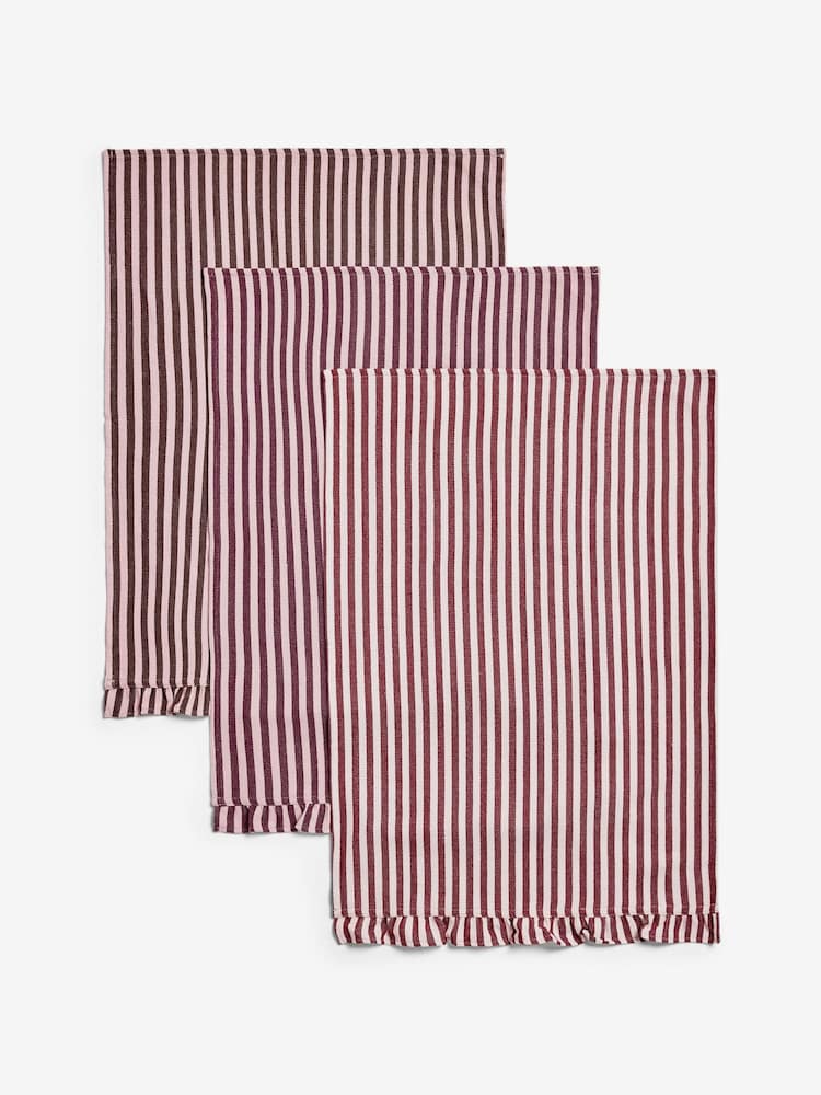 Set of 3 Burgundy Red Woven Stripe Ruffle Tea Towels - Image 4 of 4 Set of 3 Burgundy Red Woven Stripe Ruffle Tea Towels - Image 4 of 4
