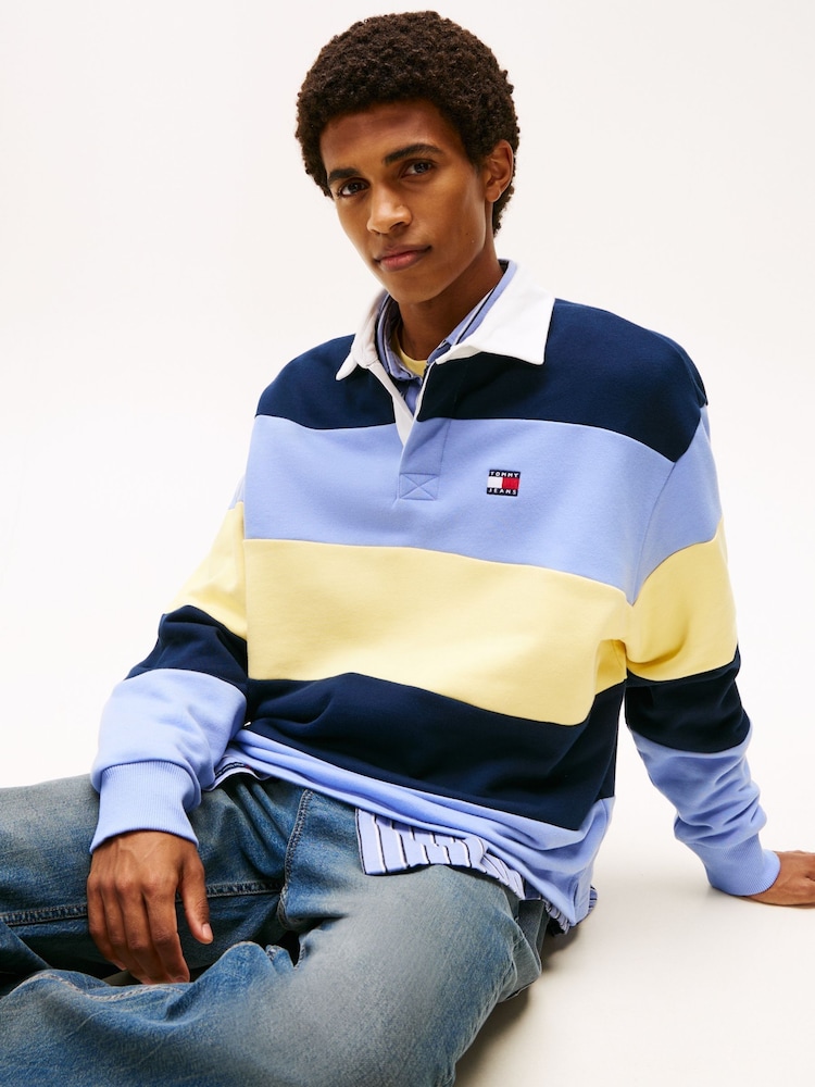 Tommy Jeans Blue Badge Stripe Relaxed Rugby Shirt - Image 2 of 5 Tommy Jeans Blue Badge Stripe Relaxed Rugby Shirt - Image 2 of 5