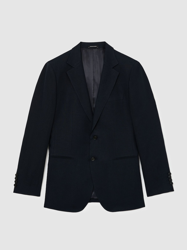Reiss Navy Kin Classic Classic-Fit Linen Single-Breasted Suit Blazer - Image 2 of 7