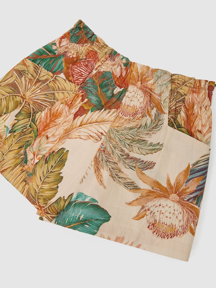 Reiss Neutral Violeta 13-14 yrs Cotton Tropical-Print Tie-Waist Shorts - Image 1 of 3