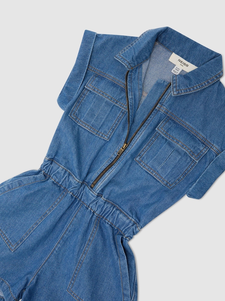 Reiss Denim Blue Jamie Denim Zip-Through Playsuit - Image 1 of 3