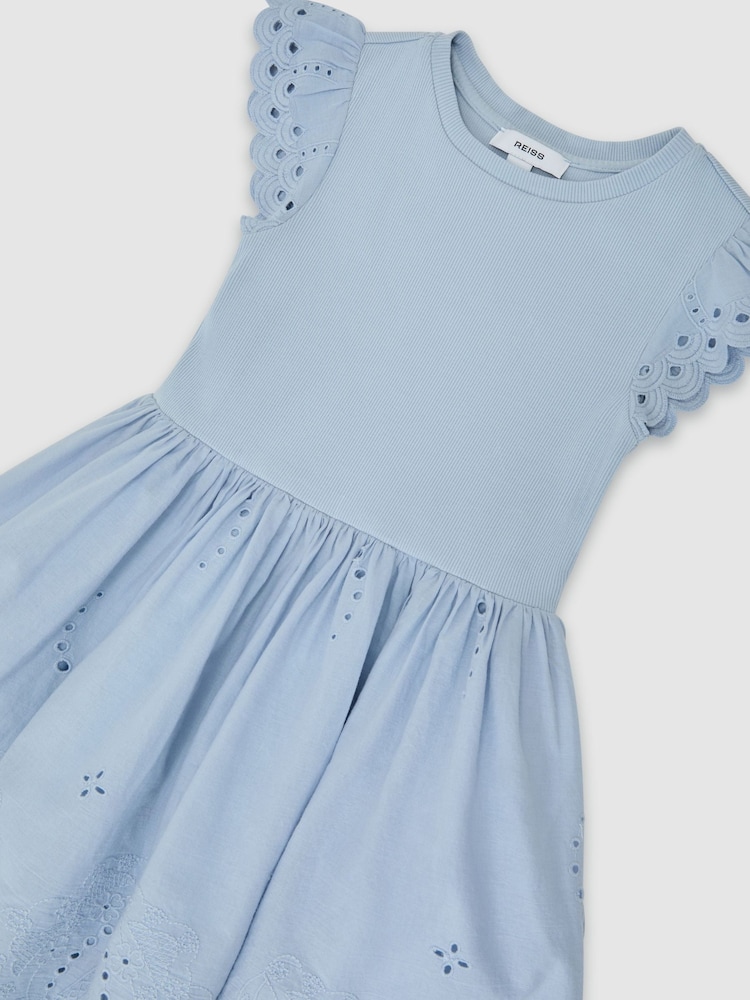 Reiss Pale Blue Carianna 13-14 yrs Jersey Broderie-Anglaise Mix Dress - Image 1 of 3